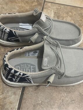 Hey Dude Light Gray Canvas Sneakers with Black & White Aztec Trim